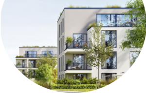 Moderne Wohngebäude mit begrünten Dächern, ideal für nachhaltige Glasfaserverbindungen von Unsere Grüne Glasfaser.