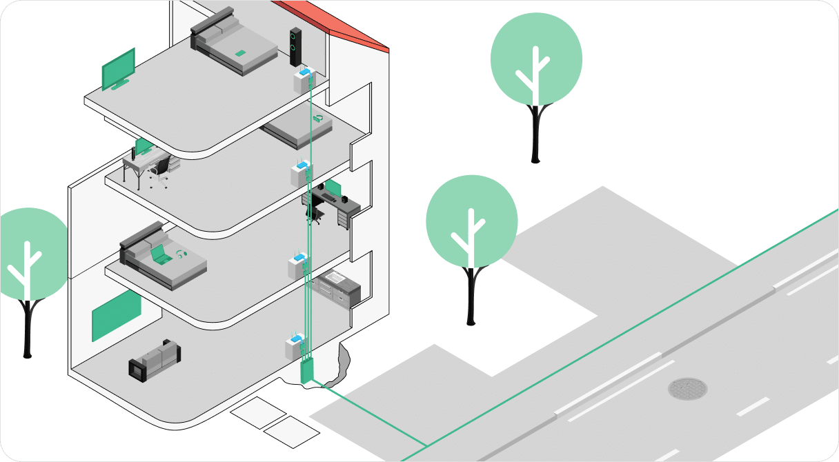 Schematische Darstellung eines Mehrfamilienhauses im Querschnitt mit mehreren Wohnungen über drei Etagen. In jeder Wohnung sind ein ONT (Glasfaserabschluss) und eine TA (Telekommunikations-Anschlussdose) eingezeichnet. Die Glasfaserleitung führt vom Hausübergabepunkt (HÜP) im Erdgeschoss durch alle Stockwerke zu den einzelnen Wohnungen. Vor dem Gebäude ist ein Bauarbeiten-Symbol sowie die Verbindung zum Straßennetz sichtbar.