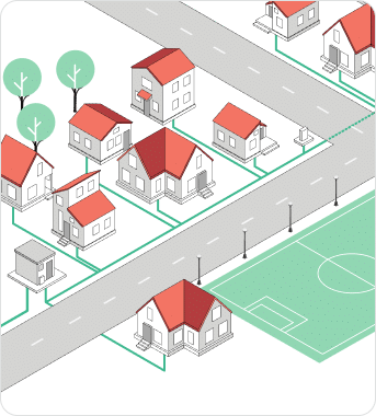 Schematische Darstellung eines Wohnviertels mit Einfamilienhäusern, Straßen, Bäumen und einem Sportplatz. Grüne Linien zeigen das Glasfasernetz mit mehreren markierten Knotenpunkten, darunter ein POP (Point of Presence), ein DP (Distribution Point) und Symbole für Bauarbeiten und weitere Netzkomponenten. Das Bild veranschaulicht, wie Glasfaserleitungen von zentralen Verteilpunkten zu einzelnen Häusern geführt werden.