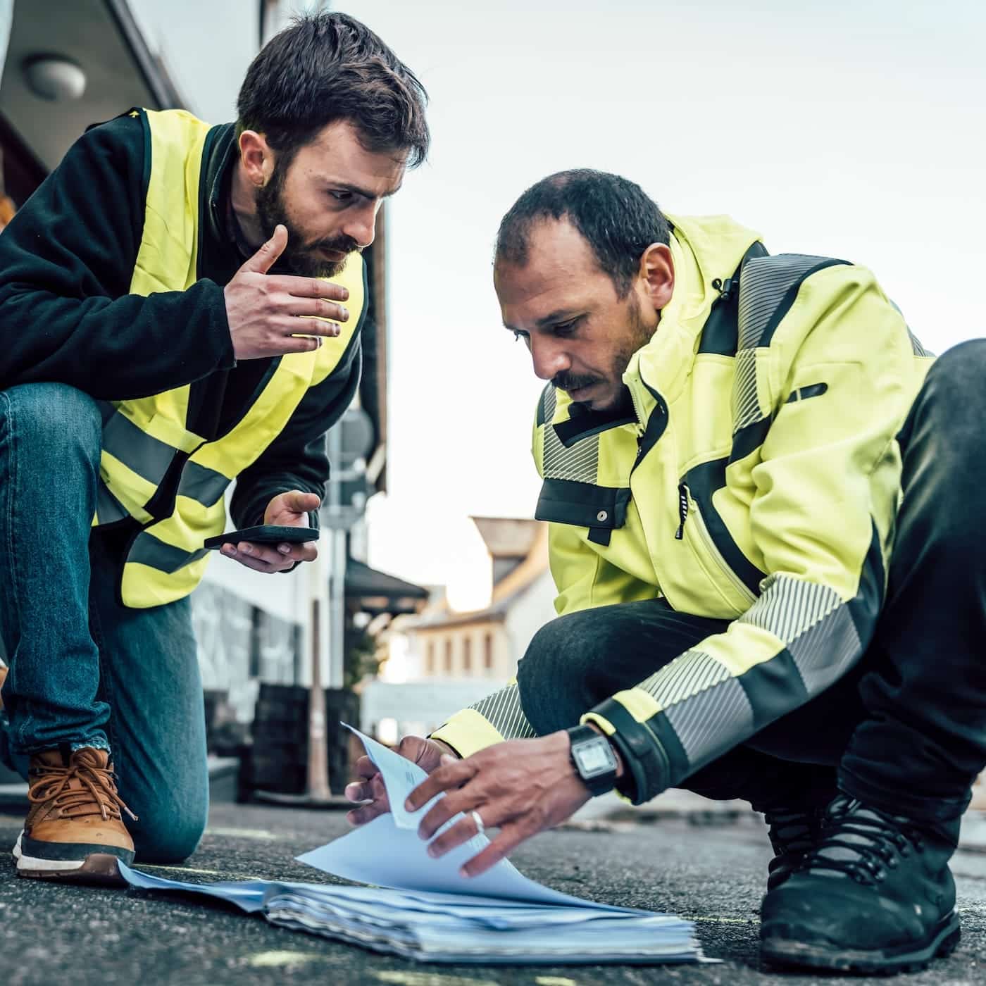 Techniker von Unsere Grüne Glasfaser prüfen Pläne vor Ort für den Ausbau der Glasfaserinfrastruktur in der Stadt.
