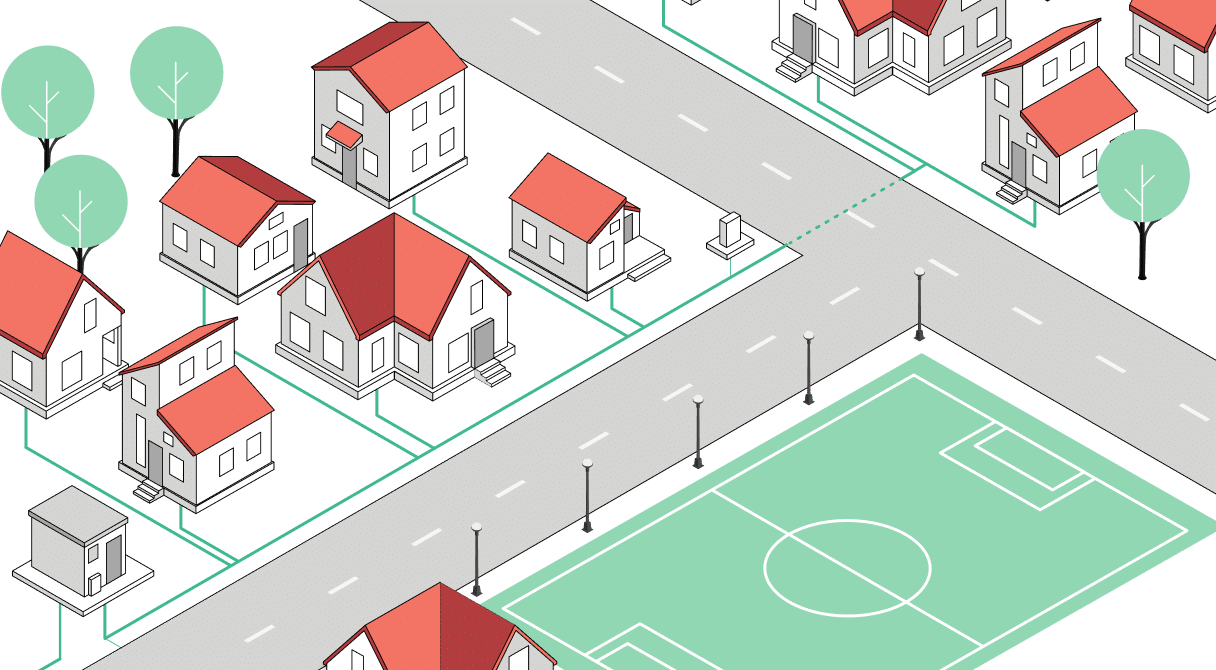Schematische Darstellung eines Wohnviertels mit Einfamilienhäusern, Straßen, Bäumen und einem Sportplatz. Grüne Linien zeigen das Glasfasernetz mit mehreren markierten Knotenpunkten, darunter ein POP (Point of Presence), ein DP (Distribution Point) und Symbole für Bauarbeiten und weitere Netzkomponenten. Das Bild veranschaulicht, wie Glasfaserleitungen von zentralen Verteilpunkten zu einzelnen Häusern geführt werden.