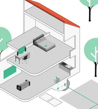 Schematische Darstellung eines Hauses im Querschnitt mit Zimmern und Einrichtungsgegenständen. Grüne Symbole markieren die Glasfasertechnik: Der Hausübergabepunkt (HÜP) führt zum ONT (Glasfaserabschluss), von dort zum Router. WLAN-Symbole zeigen die Versorgung der Wohnräume. Vor dem Haus ist ein Bauarbeiten-Symbol und die Verbindung zum Straßennetz zu sehen.