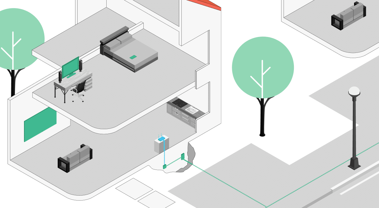 Schematische Darstellung eines Hauses im Querschnitt mit Zimmern und Einrichtungsgegenständen. Grüne Symbole markieren die Glasfasertechnik: Der Hausübergabepunkt (HÜP) führt zum ONT (Glasfaserabschluss), von dort zum Router. WLAN-Symbole zeigen die Versorgung der Wohnräume. Vor dem Haus ist ein Bauarbeiten-Symbol und die Verbindung zum Straßennetz zu sehen.