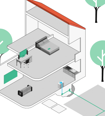 Schematische Darstellung eines Einfamilienhauses mit Glasfaseranschluss: Glasfaserleitung führt von außen durch den Hausübergabepunkt (HÜP) ins Haus, weiter zum optischen Netzabschluss (ONT) und zum Router, WLAN-Symbole zeigen die Vernetzung in verschiedenen Räumen.