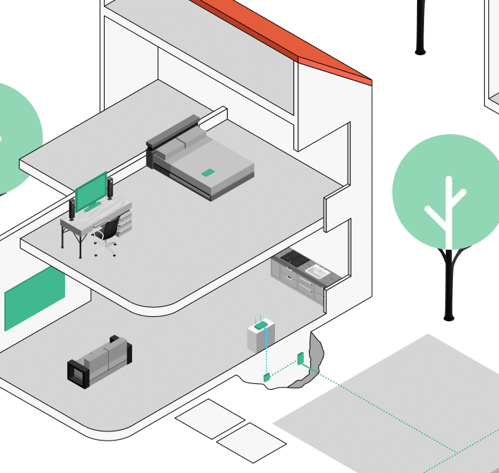 Schematische Darstellung eines Hauses im Querschnitt mit Zimmern und Einrichtungsgegenständen. Grüne Symbole markieren die Glasfasertechnik: Der Hausübergabepunkt (HÜP) führt zum ONT (Glasfaserabschluss), von dort zum Router. WLAN-Symbole zeigen die Versorgung der Wohnräume. Vor dem Haus ist ein Bauarbeiten-Symbol und die Verbindung zum Straßennetz zu sehen.
