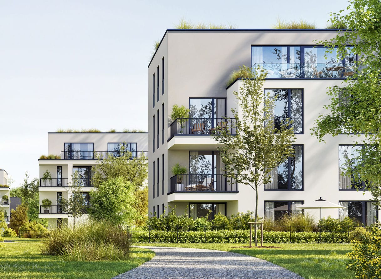 Moderne Wohnanlage mit grünen Balkonen und gepflegtem Garten, ideal für schnelles Internet von Unsere Grüne Glasfaser.